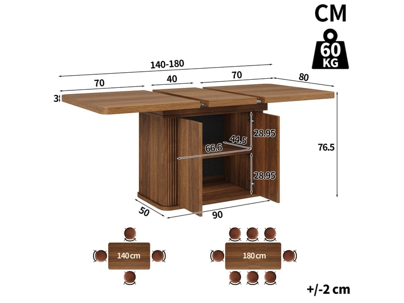 Table de salle à manger extensible avec rangement caché et 2 portes, mdf marron foncé, 140 × 80 × 76,5 cm - Conforama C