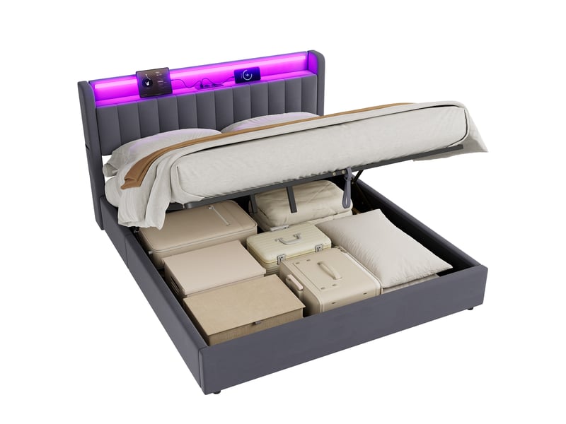  Lit rembourré ulevr 180 x 200 cm avec rangement intégré, port usb et éclairage d’ambiance, velours gris foncé  - Conforama A