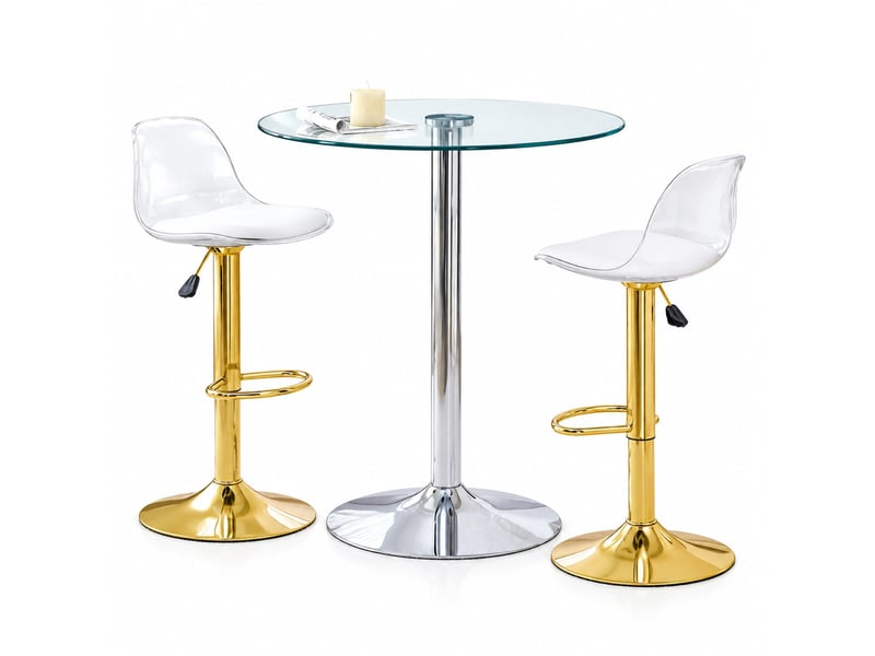  Ensemble bar 89 cm en verre avec 2 tabourets réglables pivotants, transparent  - Conforama A