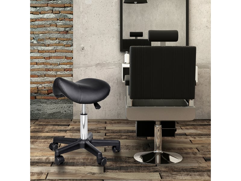  Tabouret à roulettes avec siège en forme de selle réglable en hauteur et rotatif à 360° en similicuir noir 35 x 38 x 45-55 cm  - Conforama D