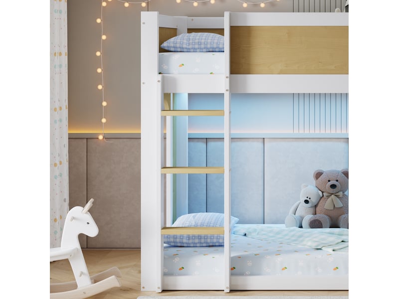  Lit mi-hauteur enfant 90 x 200 cm avec espace de jeu et fenêtres, entrée arrondie, barrière ondulée et guirlande lumineuse sous le lit sans matelas  - Conforama D