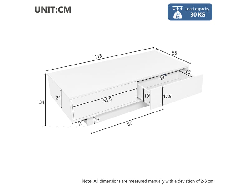  Table basse moderne laquée 115x55x34cm éclairage led intégré 2 tiroirs fini laqué brillant panneau de particules blanc  - Conforama C