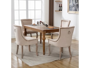Lot de 4 chaises salle à manger velours beige clouté, dossier capitonné, pieds bois massif, style élégant