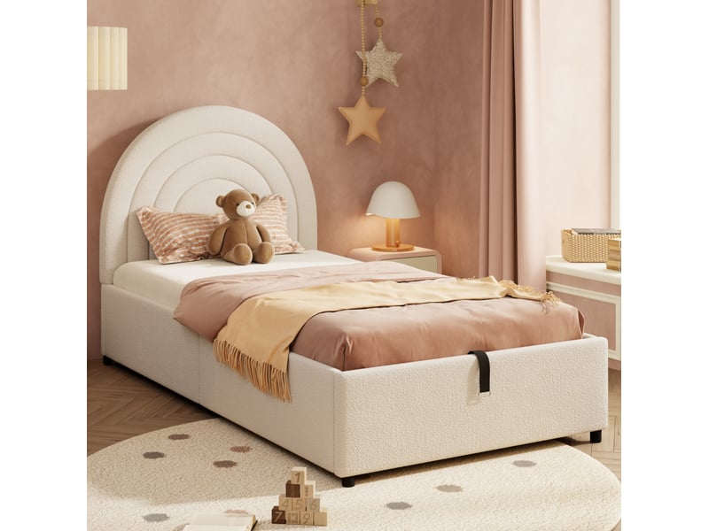  Lit coffre enfant 90x200 cm en tissu bouclé beige avec tête de lit rembourrée  - Conforama D