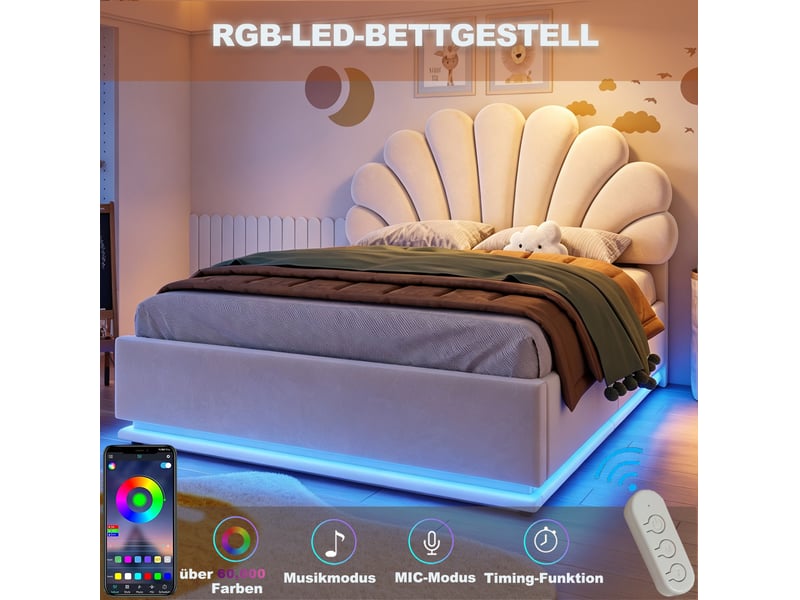  Lit coffre 140 × 200 cm 2 places avec led réglable et tête de lit fleurie, sans matelas, en velours beige  - Conforama E