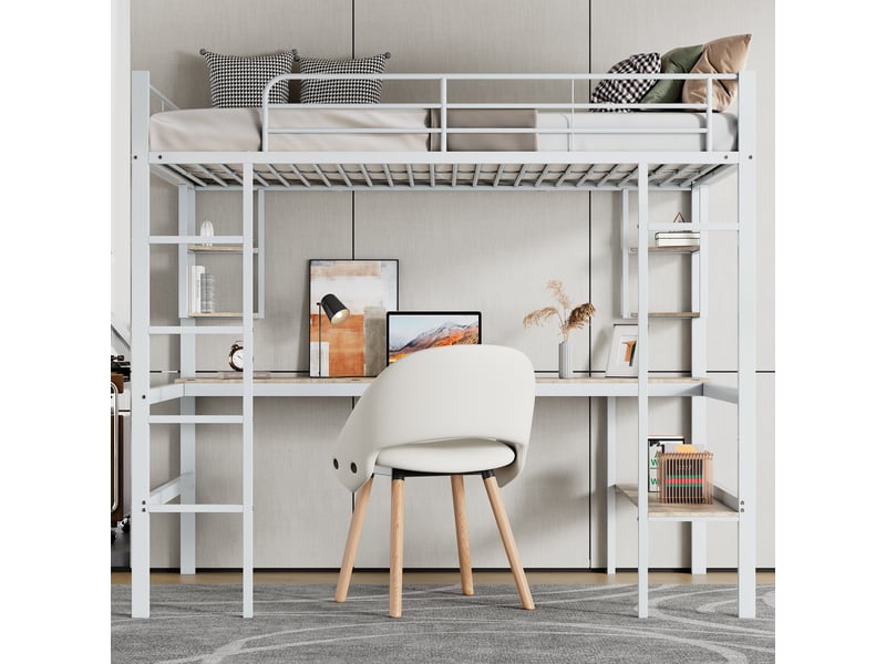Lit mezzanine simple en métal 90 x 200 cm avec bureau & rangement, blanc - Conforama E