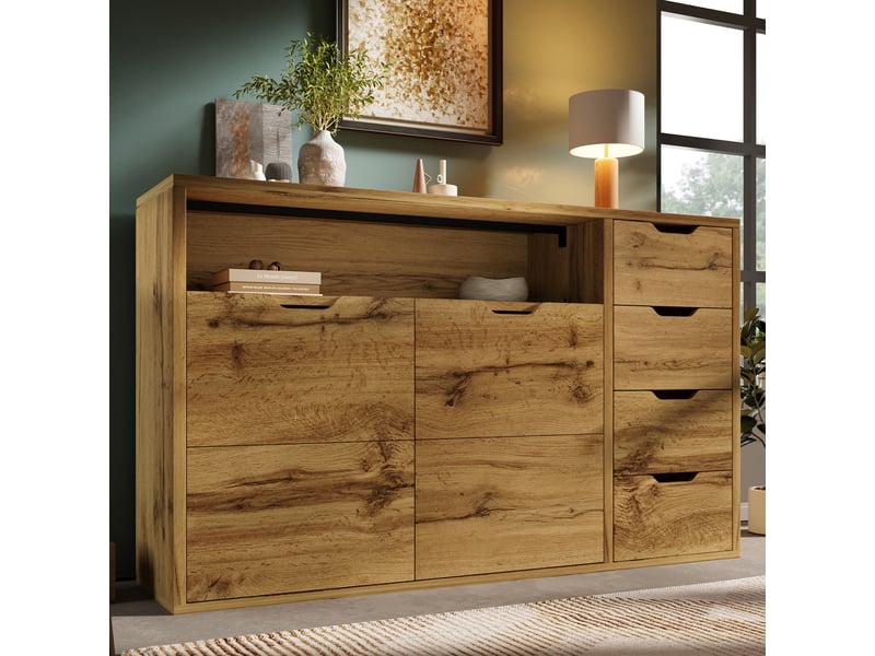  Buffet effet chêne 150 cm, 2 portes et 4 tiroirs, compartiment ouvert  - Conforama B