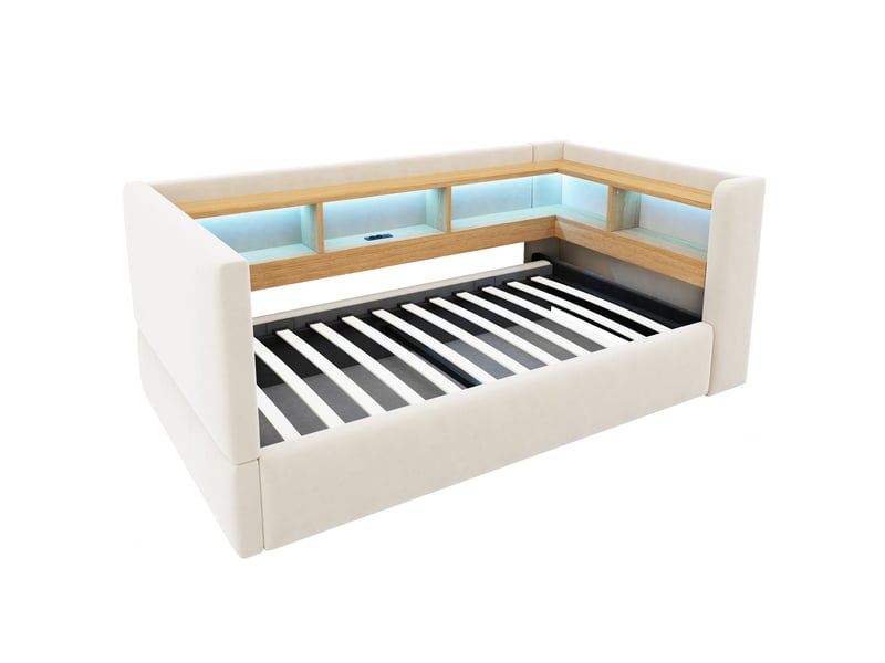 Lit coffre 90x190 cm - lit 1 place avec rangement hydraulique, led et prises - canapé-lit multifonction - beige - Conforama W