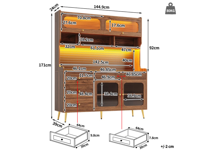  Meuble tv haut 145x39x171 cm couleur noyer, mdf métal et verre, rangement avec led et app  - Conforama C