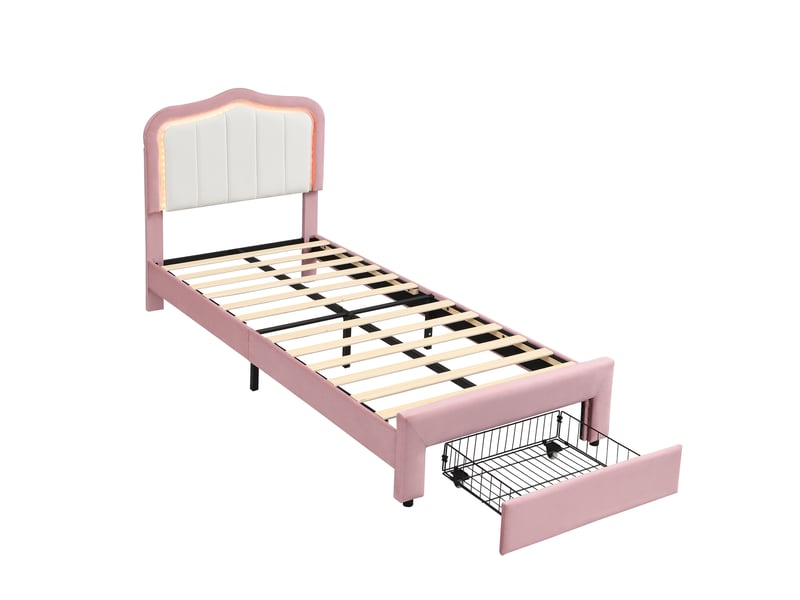  Lit enfant capitonné 90x200cm rose avec tiroir, led app et tête blanche  - Conforama A