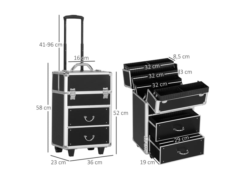  Valise trolley maquillage mallette cosmétique vanity poignée télescopique réglable 36l x 23l x 58h cm alu abs noir  - Conforama E