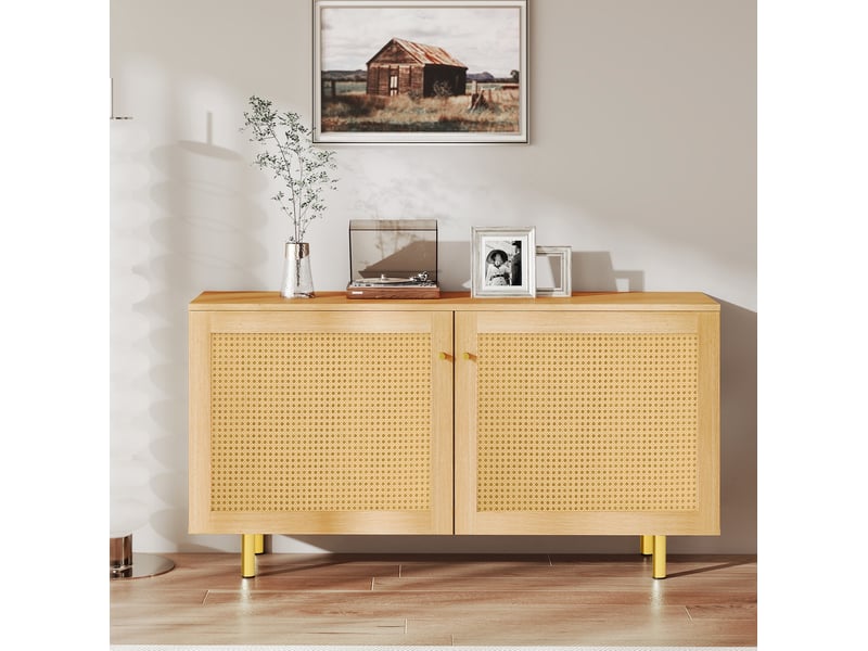  Buffet bas 2 portes en mdf naturel avec portes en rotin tressé - 120 x 40 x 63 cm  - Conforama D