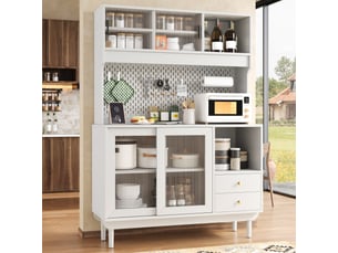 Buffet de cuisine blanc h170 cm - vaisselier avec 4 portes coulissantes en verre cannelé, 2 tiroirs et niches ouvertes, 117x30x170 cm