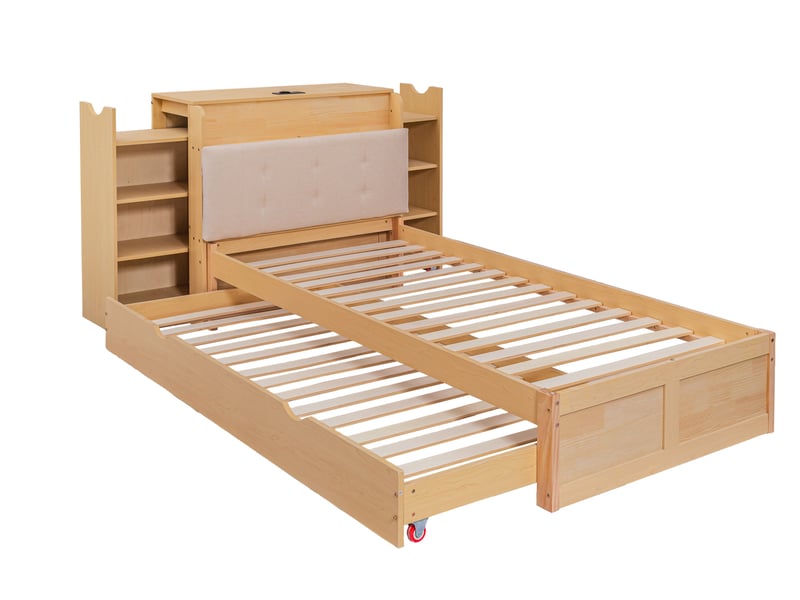  Lit gigogne 90x200 à 180x200 cm avec bibliothèque, bois et mdf naturel, sans matelas  - Conforama A