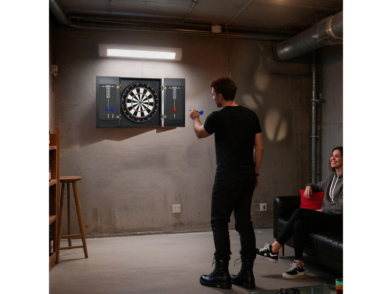  Cible de fléchettes en sisal avec meuble de rangement, 6 fléchettes à pointe acier, 2 tableaux de score. 100x55x9cm, noire  - Conforama C