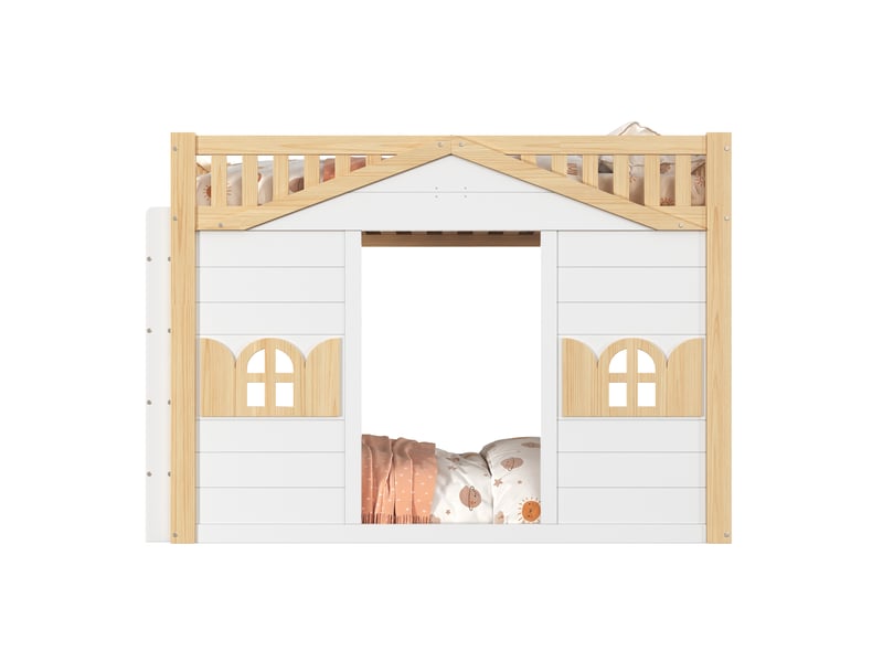  Lit mezzanine pour enfants en bois massif forme maison de 90 × 200 cm, avec fenêtres ; l’espace inférieur peut servir de lit ou de zone de jeu, blanc et ton bois naturel  - Conforama B