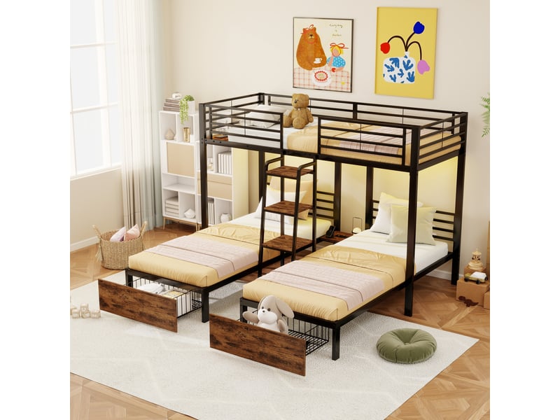  Lit superposé 90x200 cm 3 couchages en l avec échelle, garde-corps et bibliothèque, lit triple gain de place pour enfants, métal et mdf noir  - Conforama B
