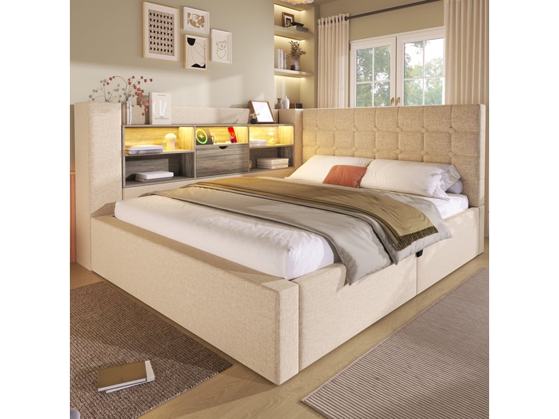  Lit coffre 140x200 cm - lit double avec rangement hydraulique, led intégrée et ports usb type-c, tête de lit fonctionnelle - sans matelas - lin beige  - Conforama E