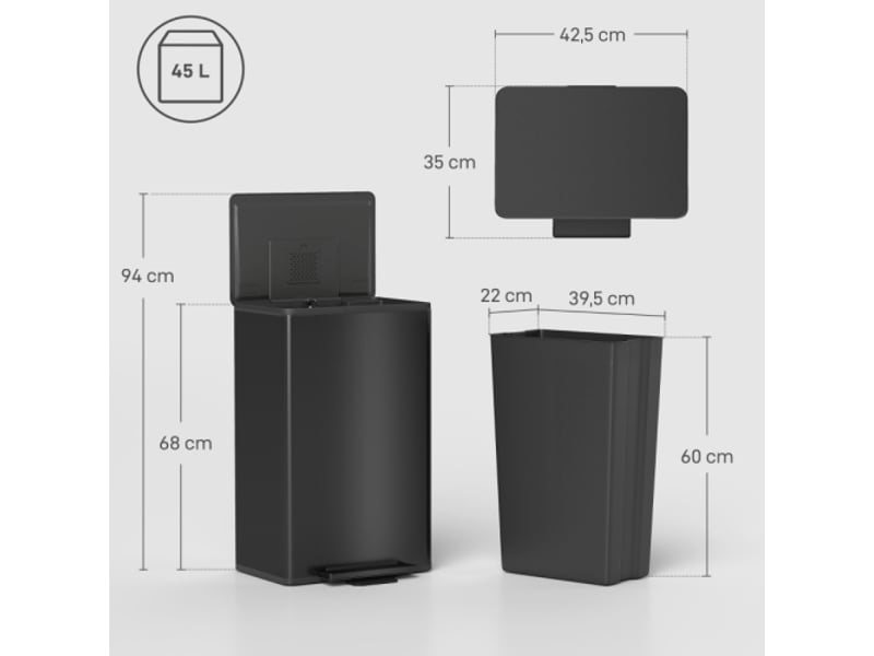  Poubelle de cuisine 45 l à pédale, couvercle soft-close, bac intérieur amovible  - Conforama C