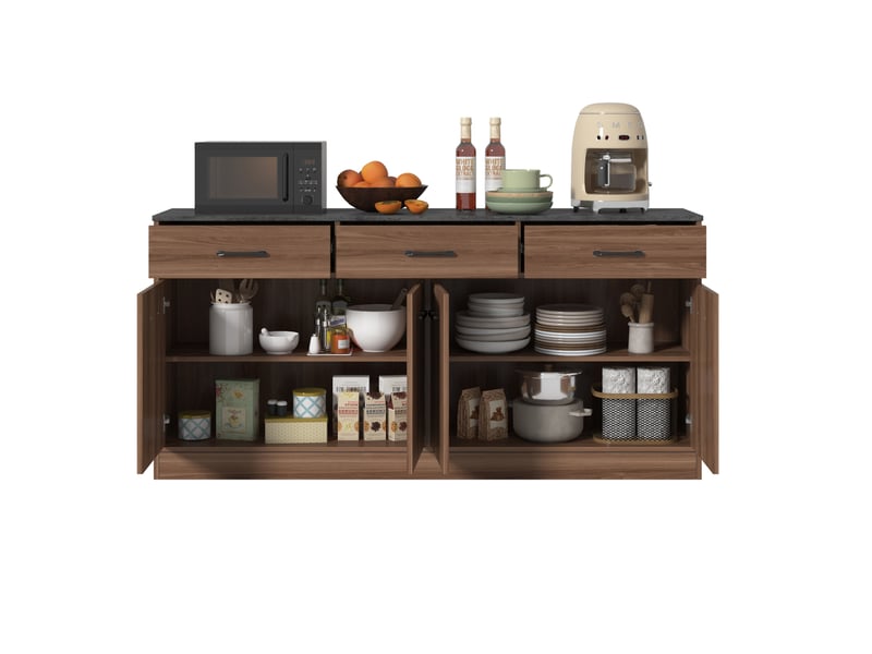  Buffet de cuisine 160 x 37 x 76,5 cm – aspect noyer – 3 tiroirs et étagères réglables  - Conforama A