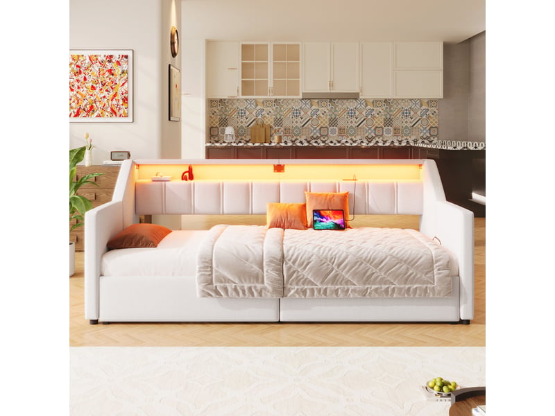  Lit de jour 90x200 canapé lit beige avec led, extensible 180x200, 2 tiroirs et ports usb  - Conforama B