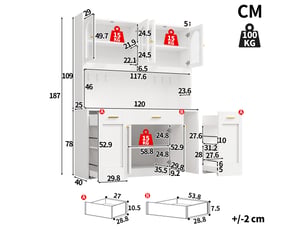 Armoire haute blanche 120cm, led rgb, contrôle app, 3 vitrines verre, tiroirs, plateaux roulants 2 côtés, cuisine & salle à manger