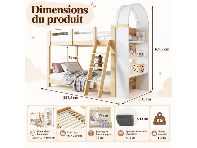Lit superposé enfant 90 x 200 cm en bois avec étagère 3 niveaux, échelle 3 marches et garde-corps, blanc et naturel - Conforama C