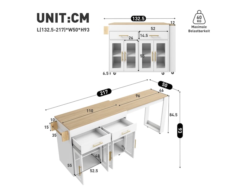  Îlot de cuisine mobile avec plan de travail extensible, chariot à roulettes, meuble de rangement blanc, 132,5-217 x 50 x 93 cm  - Conforama C