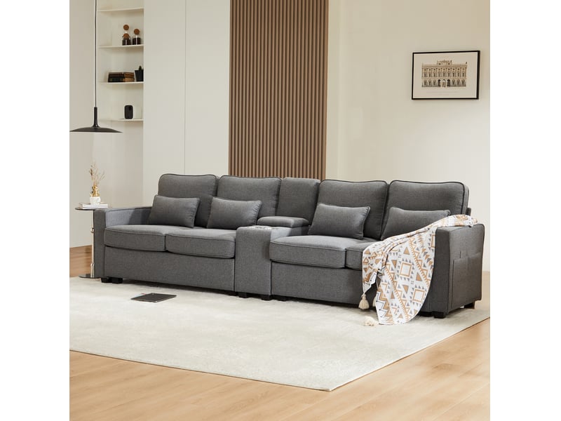  Canapé droit 4 places avec console, 2 ports usb, 2 porte-gobelets, poches et 4 coussins en polyester gris foncé  - Conforama C