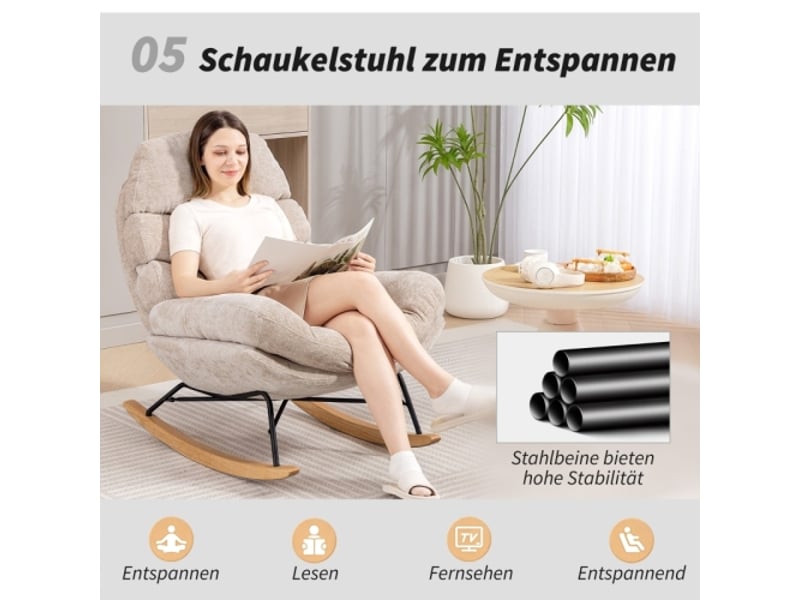  Fauteuil à bascule rembourré crème avec pieds en acier et patins en bois, style moderne  - Conforama B