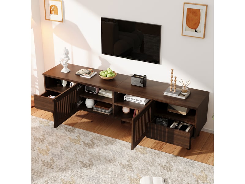  Meuble tv de salon 180x40x51 cm avec 2 portes à grille et 2 tiroirs de rangement, en mdf, teinte noyer, design simple  - Conforama D