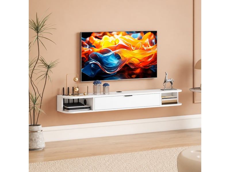  Meuble tv suspendu blanc 140 cm pour tv jusqu’à 60 pouces, abattant, 2 étagères ouvertes, passe-câbles  - Conforama D