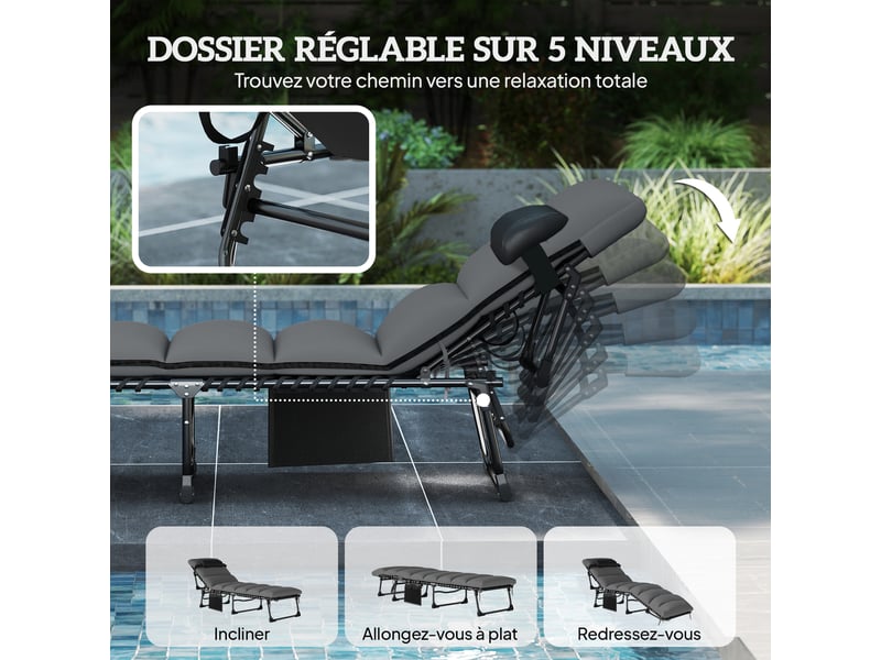  Chaise longue jardin extérieur, bain de soleil pliable, dossier inclinable sur 5 positions, 200 x 57 x 38 cm, gris foncé  - Conforama E