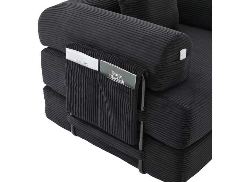  Canapé modulable 4 places en velours côtelé noir avec pouf et poche latérale, confort pour le salon  - Conforama D