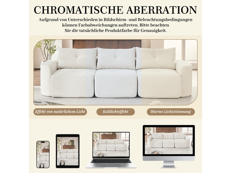  Canapé modulable 3 places avec assise amovible, configuration 2+1 et coussins de dossier, en velours côtelé beige  - Conforama E