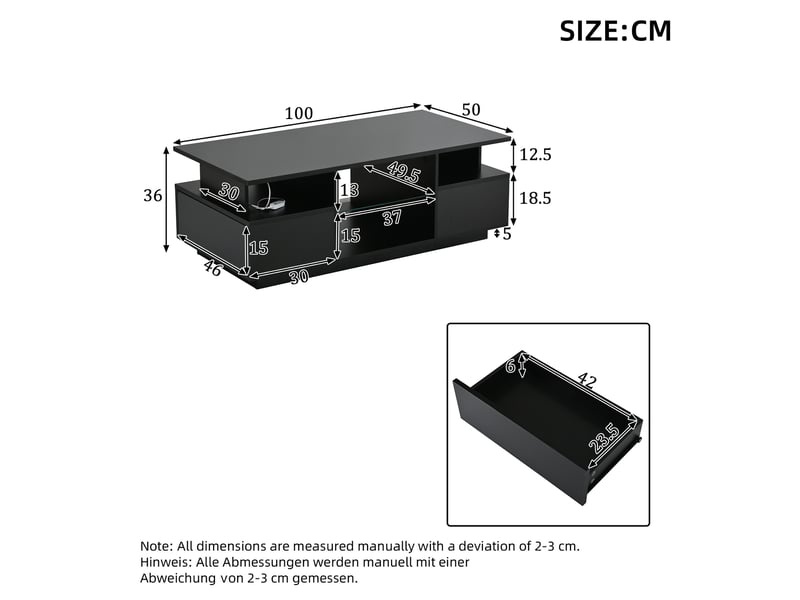  Table basse led 100 x 50 x 36 cm noire brillante – 2 tiroirs, rangements ouverts et style moderne  - Conforama C