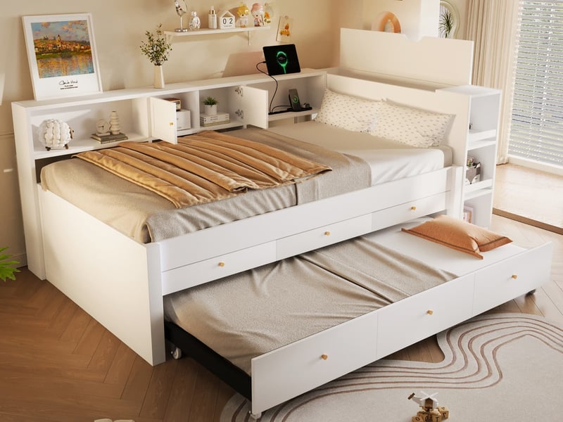 Lit gigogne en bois, 140 x 200 cm, avec port de charge usb, 3 tiroirs et rangements dans la tête de lit, blanc - Conforama B