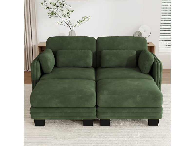  Canapé droit modulable 2 places en chenille vert avec 2 poufs  - Conforama E