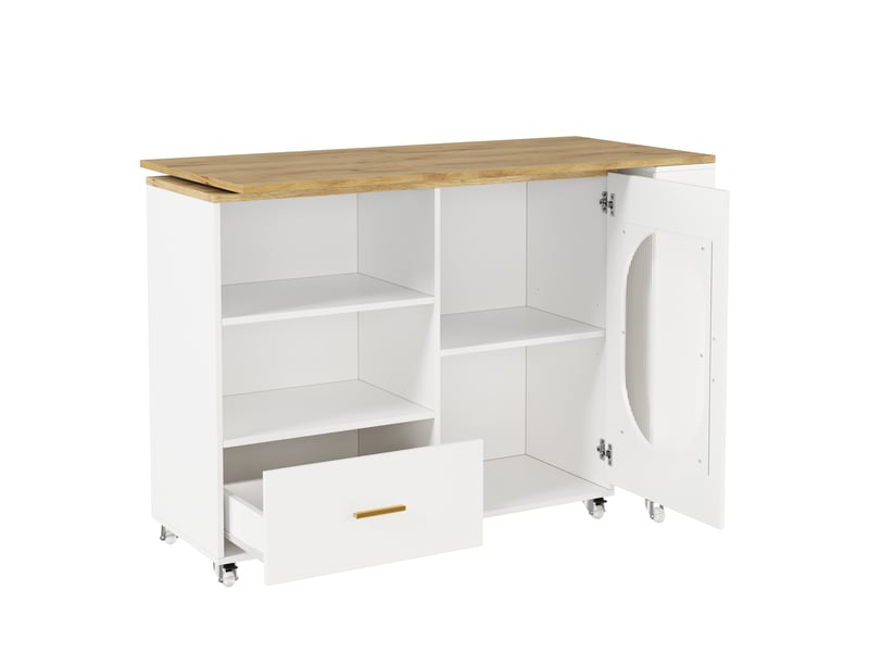 Desserte de cuisine, plateau pivotant à 360°, tiroir, placard et roulettes freinées 120–180×60×90 cm naturel et blanc - Conforama A