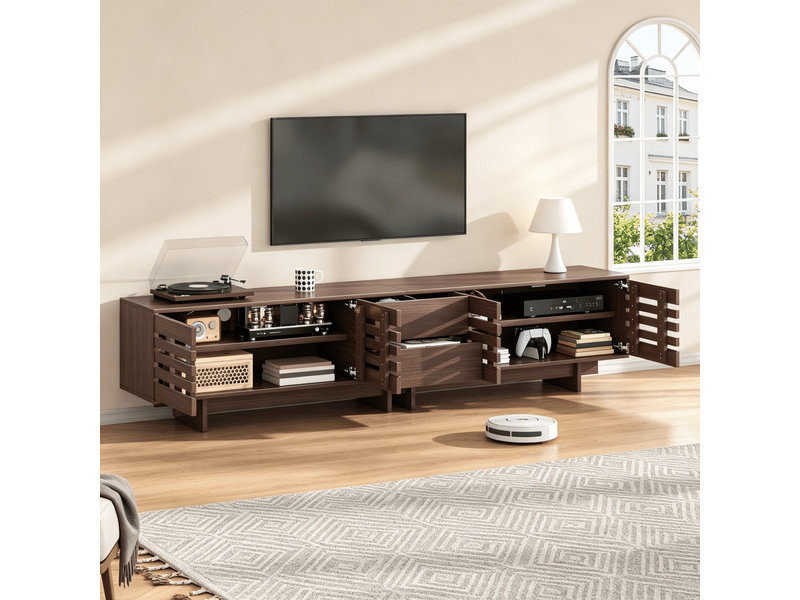 Meuble tv bas 200x39,5x55 cm, 4 portes battantes à lames, 2 tiroirs, 6 compartiments, rangement salon pour tv 80 pouces - noyer - Conforama C
