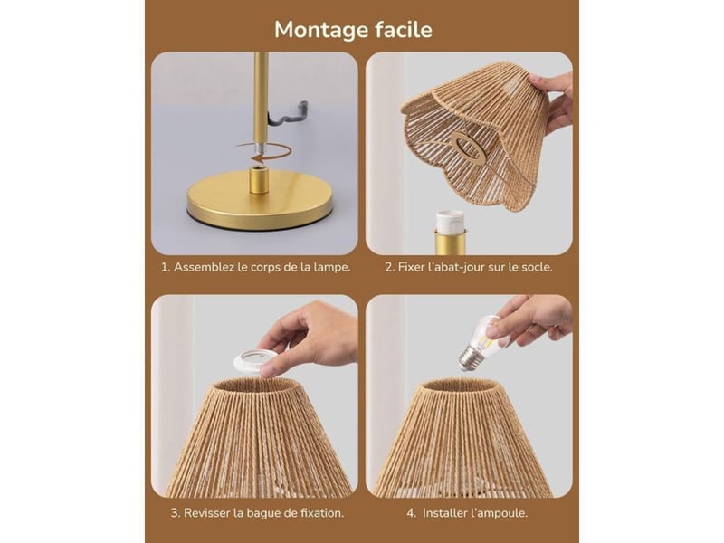  Lampe de chevet style bohème eab101 abat-jour papier tressé doré base métallique 4w 2700k 370618_AACLD94861_6_DROPFR - Conforama C