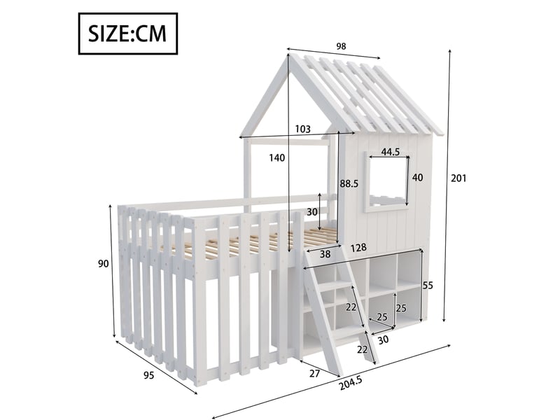  Lit mezzanine enfant maison 90 x 200 cm avec toit, fenêtre, rangement ouvert et échelle, sans matelas  - Conforama E