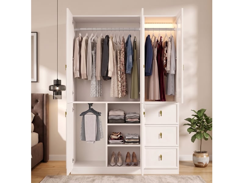  Armoire 135x48x200 cm avec led, 3 tiroirs et 5 portes, 3 espaces penderie, blanche  - Conforama E