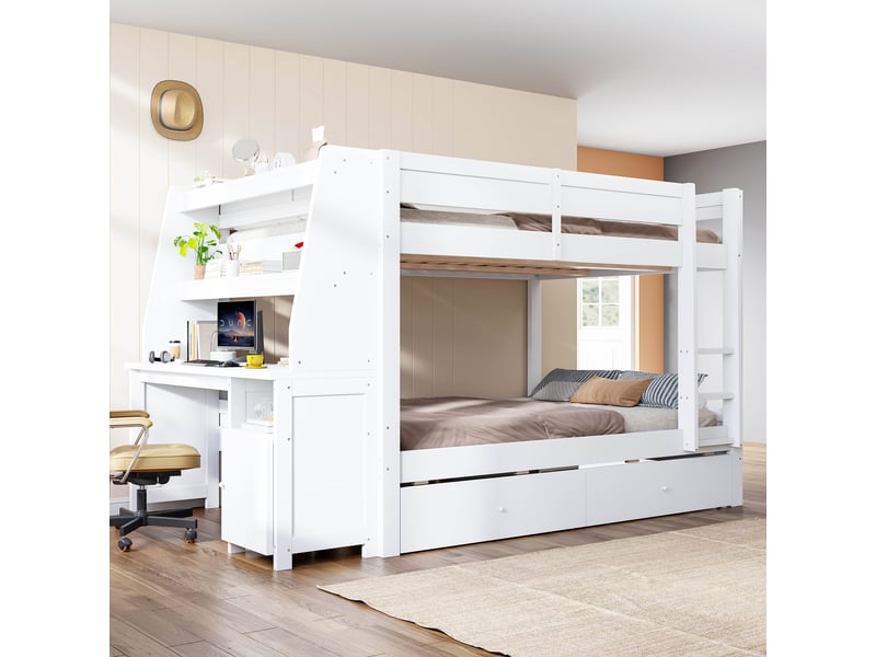  Lit superposé avec bureau 140x200 cm, armoire latérale réversible, 2 tiroirs, étagères, sommier à lattes, bois blanc Radiant Stride - Conforama D