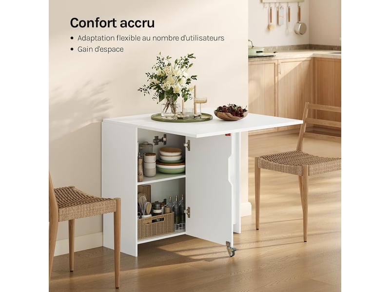 Table de salle à manger pliante, 3 formes possibles, en bois d'ingénierie, à roulettes avec freins, blanc - Conforama D