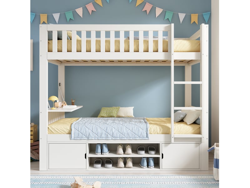  Lit mezzanine enfant 90x200 cm avec table rabattable et range-chaussures bois blanc sans matelas  - Conforama E