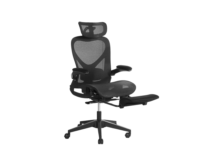 Chaise de bureau pliable avec soutien lombaire, appuie-tête 3d et repose-pieds, en maille noir 62 × 48,5 × 129 cm - Conforama A