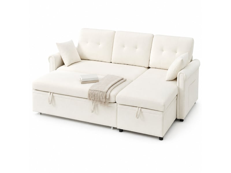  Canapé d'angle convertible 3 places avec coffre, méridienne réversible et poche latérale en chenille beige  - Conforama A