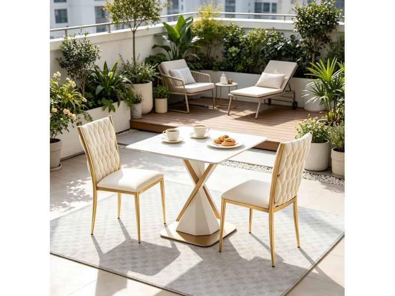  Lot de 2 chaises de salle à manger en velours et métal, blanc crème et doré  - Conforama C