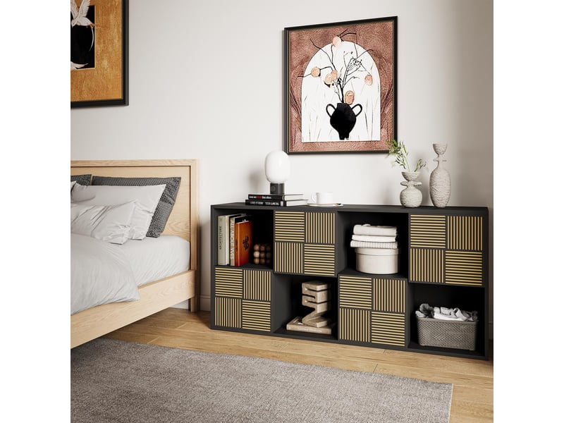 Bibliothèque 8 cases - 60x30x125cm - meuble de rangement modulaire étagères ouvertes & portes cannelées - noir - Conforama C